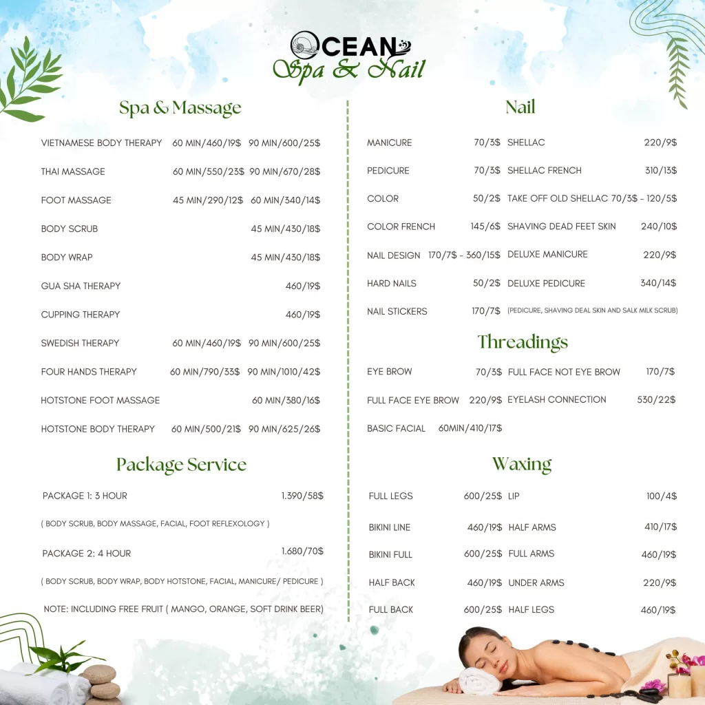 Bảng giá dịch vụ tại Ocean Spa Nail Đà Nẵng